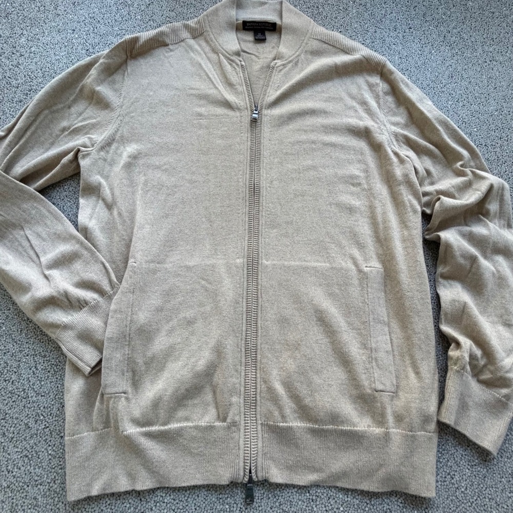 Banana Republic Full Zip Cardigan Mens M Tan Pima Cotton Cashmere Quiet Luxury